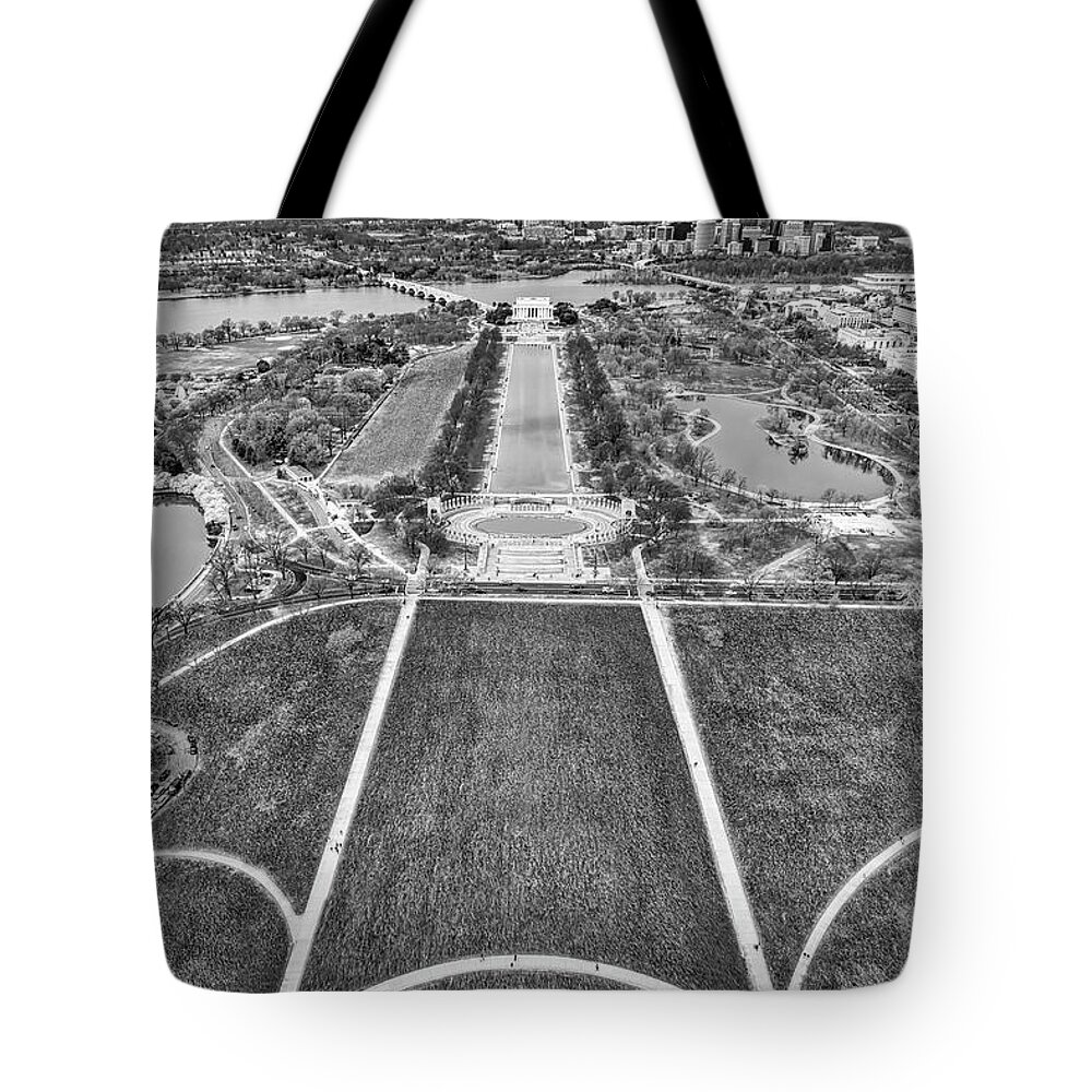 Washington Dc Tote Bag featuring the photograph Washington DC Memorials Aerial BW by Susan Candelario