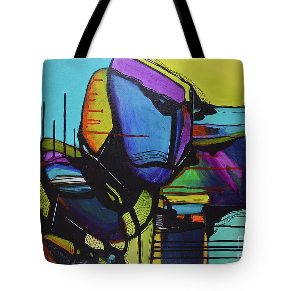 Rocks Tote Bag featuring the painting Watch for Falling Rock II by Robin Valenzuela