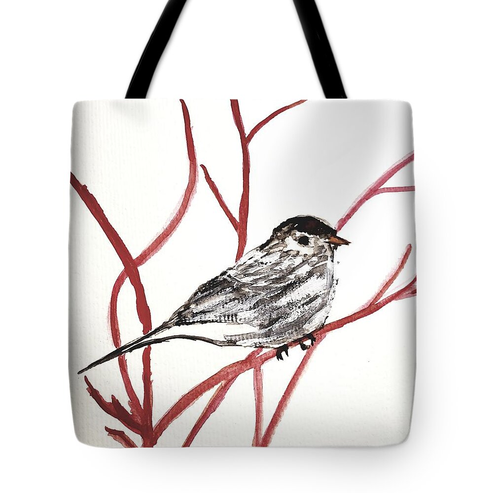 Bird On Red Branches Tote Bag featuring the painting Watching and Waiting by Margaret Welsh Willowsilk