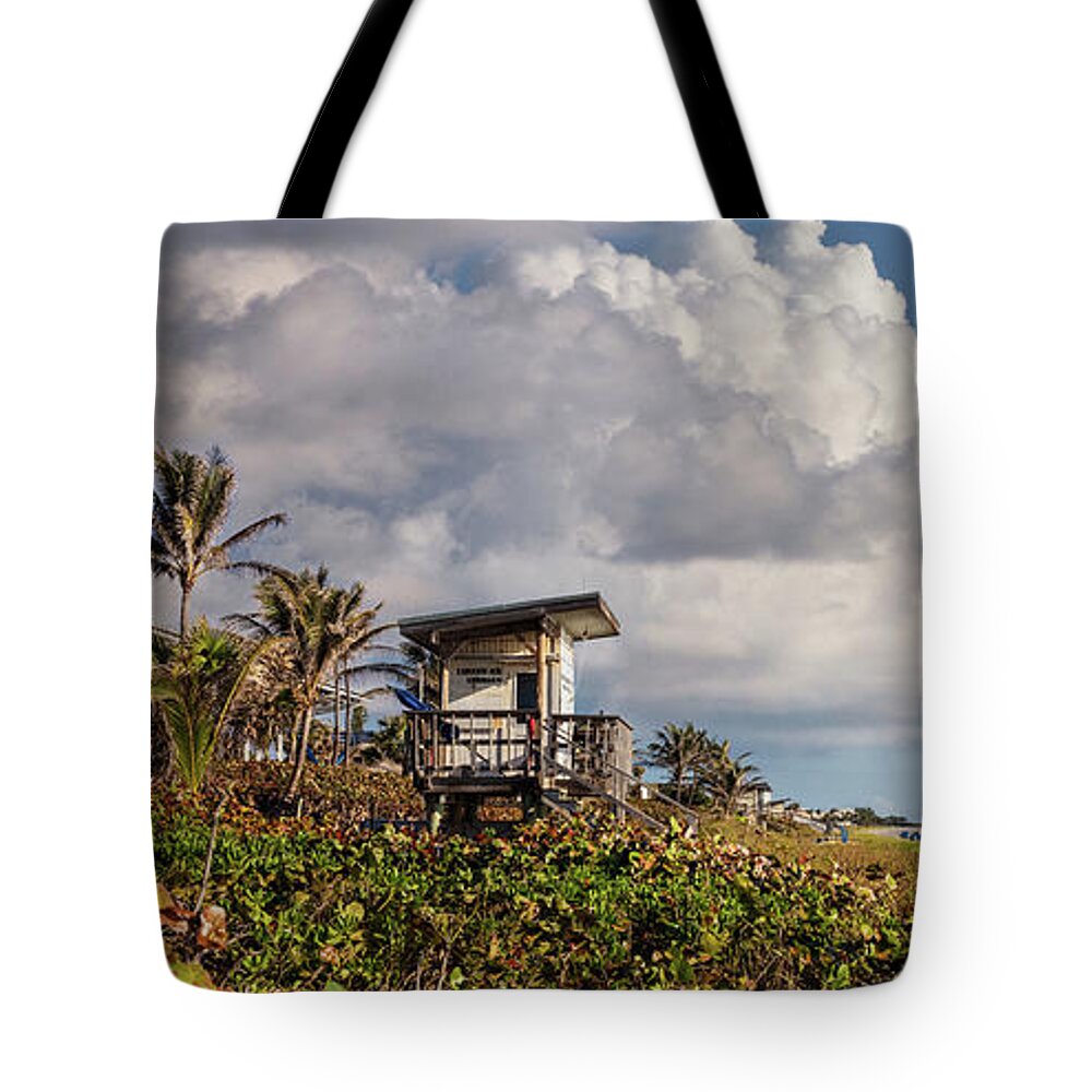 Clouds Tote Bag featuring the photograph Watching the Clouds in a Blue Sky Panorama by Debra and Dave Vanderlaan