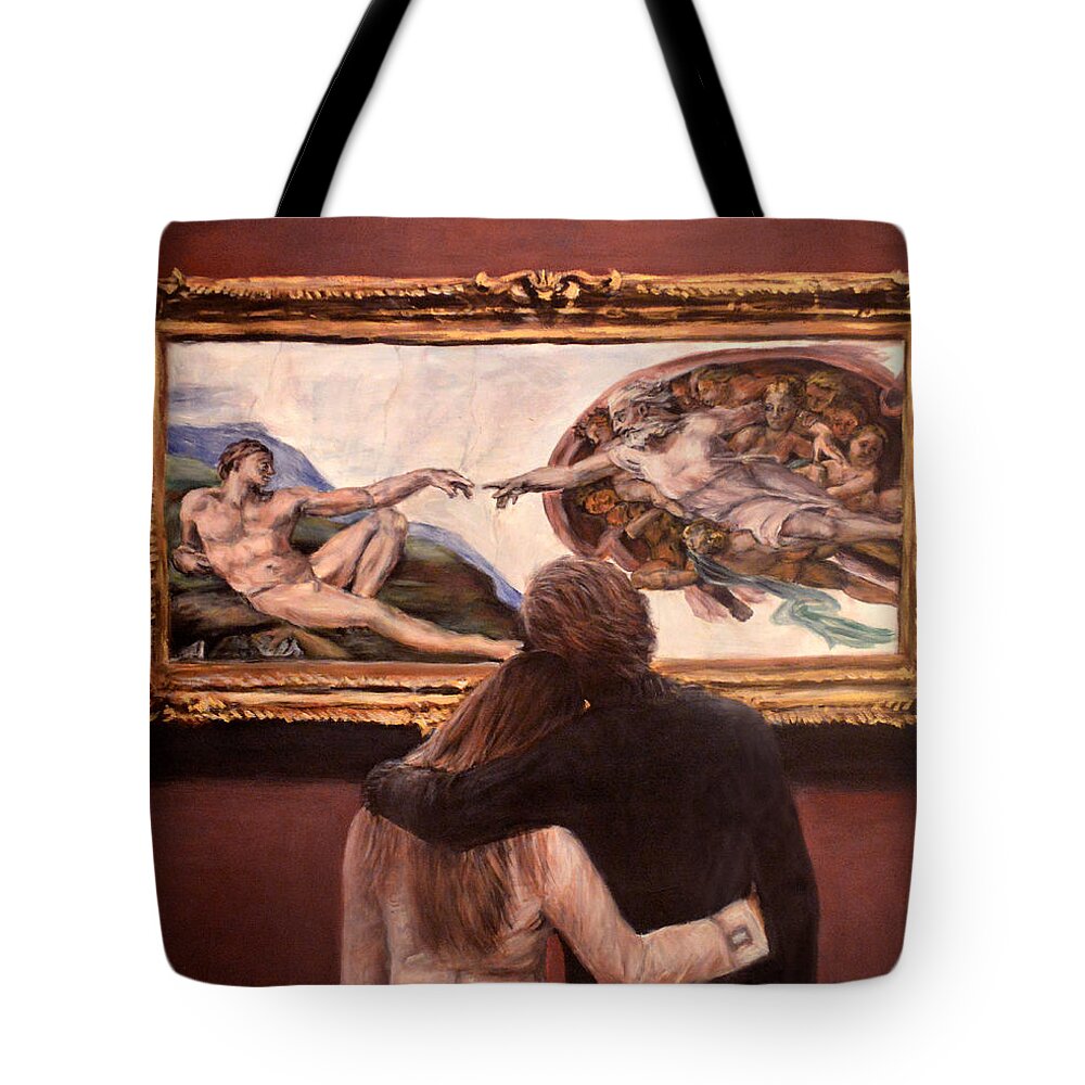 Watching The Creation Of Adam Acrylic On Canvas 140x100cm Tote Bag featuring the painting Watching the Creation of Adam by Escha Van den bogerd