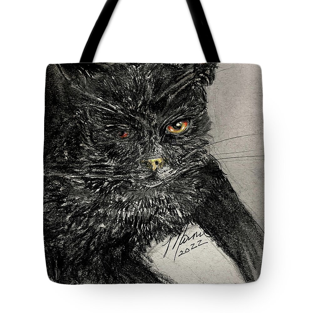 Black Cat Tote Bag featuring the drawing Watching you by Marnie Clark