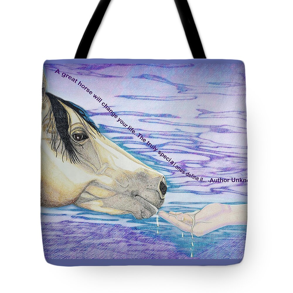 Horse Quote Tote Bag featuring the drawing Water for My Friend with Quote by Equus Artisan