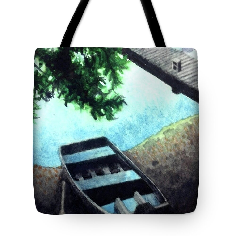 Watercolor Tote Bag featuring the drawing Water Moccasin Rowboat by Ceilon Aspensen