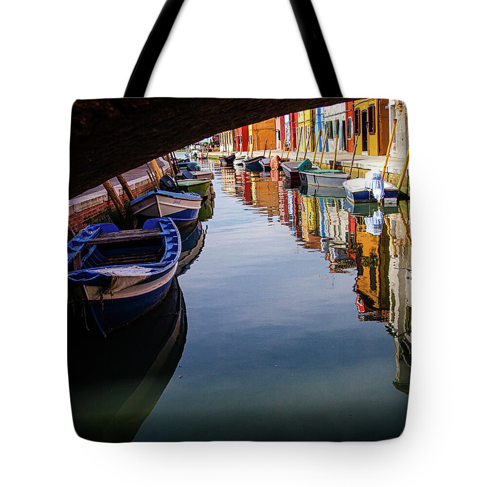 Italy Tote Bag featuring the photograph Water reflection of colorful houses in Bruno, Venice, Italy. by Adelaide Lin