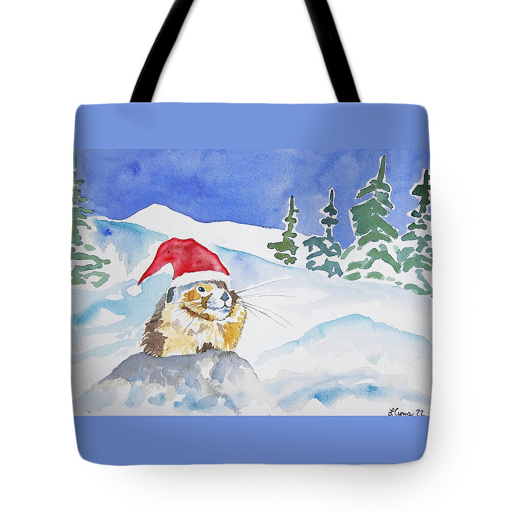 Pika Tote Bag featuring the painting Watercolor - A Pika Christmas by Cascade Colors