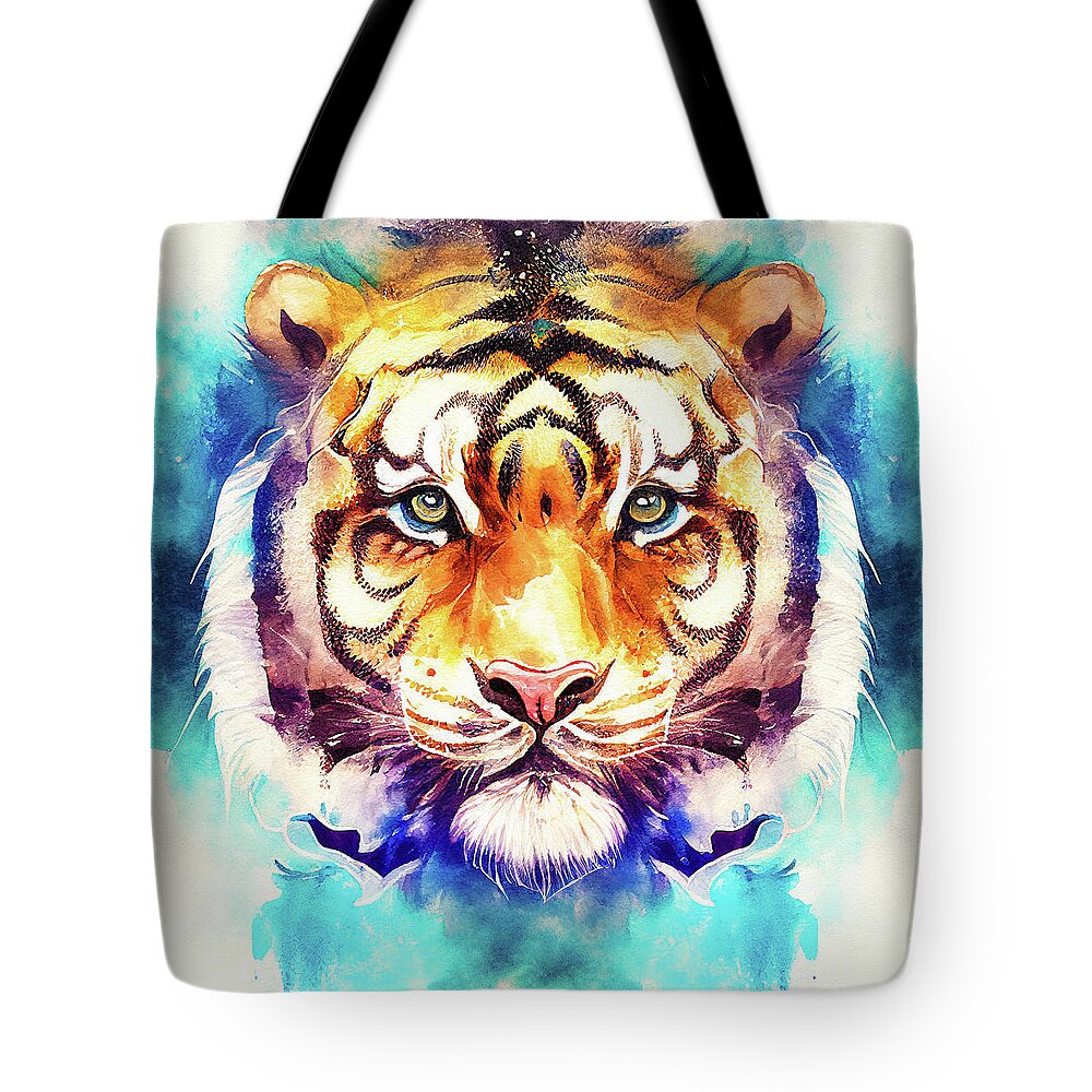 Tiger Tote Bag featuring the digital art Watercolor Animal 07 Tiger Portrait by Matthias Hauser