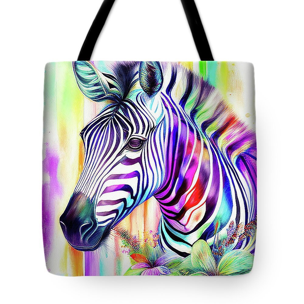 Zebra Tote Bag featuring the digital art Watercolor Animal 09 Zebra Portrait by Matthias Hauser