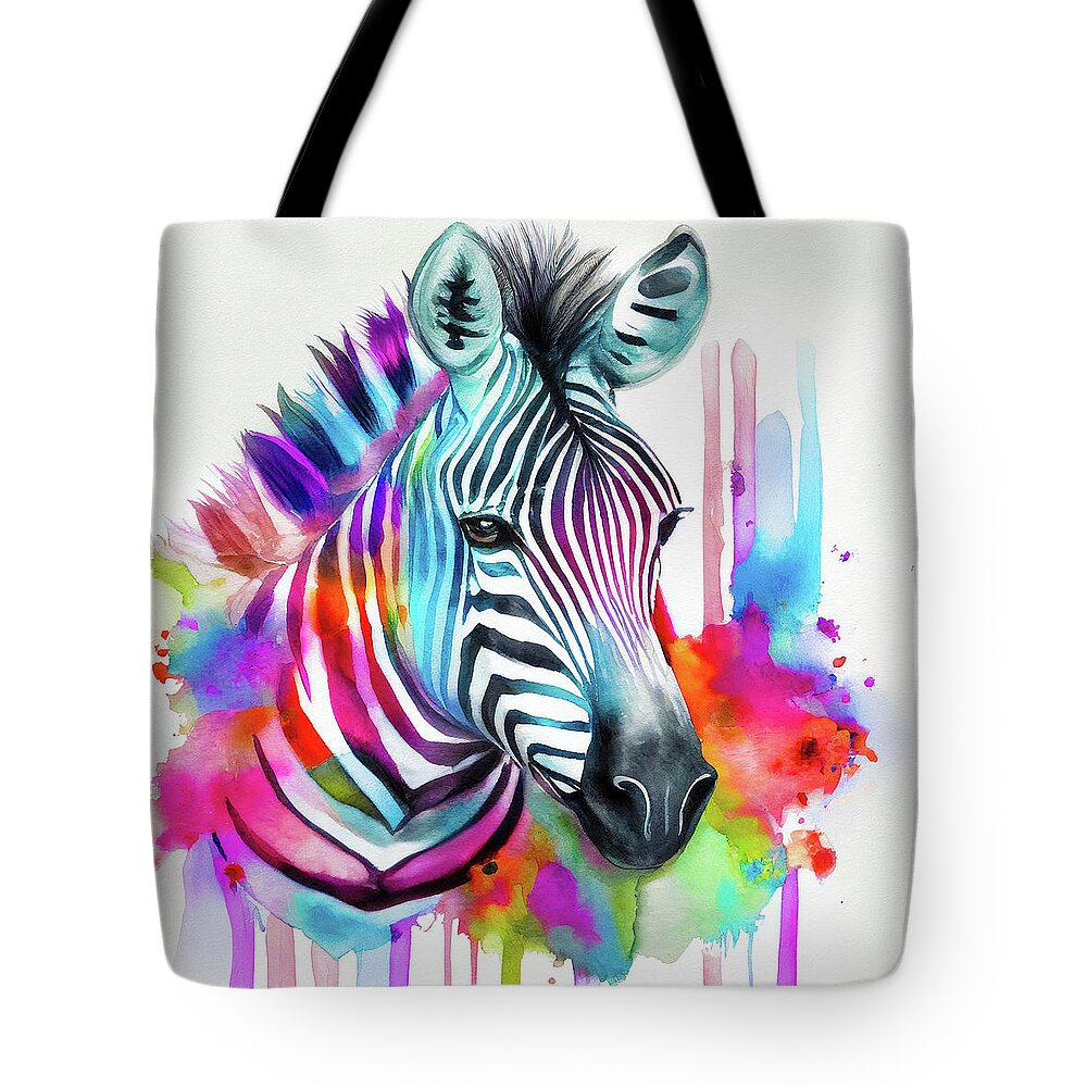 Zebra Tote Bag featuring the digital art Watercolor Animal 10 Zebra Portrait by Matthias Hauser