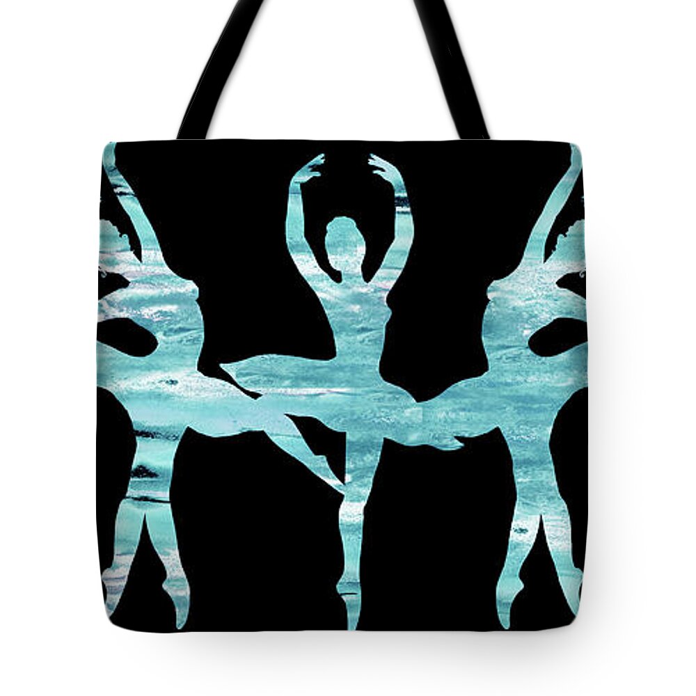 Ballerina Tote Bag featuring the painting Watercolor Ballerinas Group Blue Silhouettes On Black by Irina Sztukowski