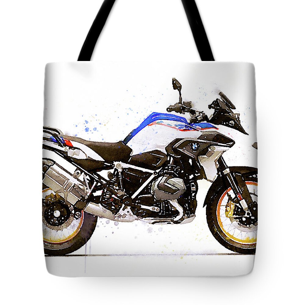 Motorcycle Tote Bag featuring the painting Watercolor BMW R1250GS motorcycle - oryginal artwork by Vart by Vart