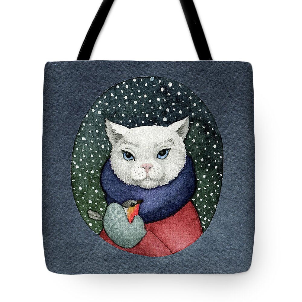 Cat Tote Bag featuring the painting Watercolor Cat Winter Christmas Holiday by Modern Art