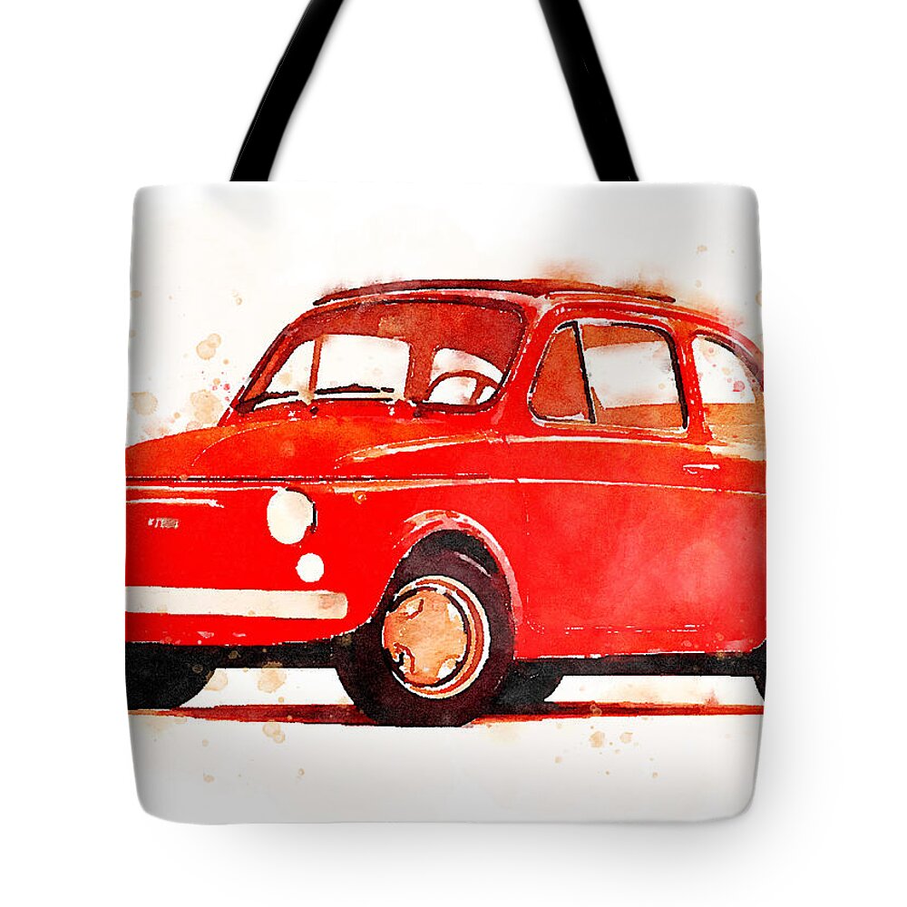 Watercolor Tote Bag featuring the painting Watercolor classic Fiat 500 by Vart by Vart