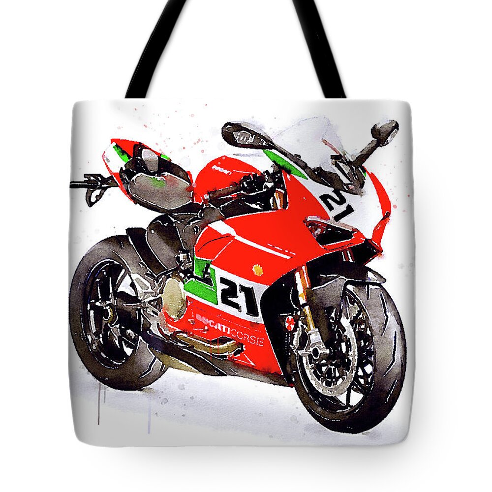 Sport Tote Bag featuring the painting Watercolor Ducati Panigale V2 Bayliss motorcycle, oryginal artwork by Vart. by Vart Studio