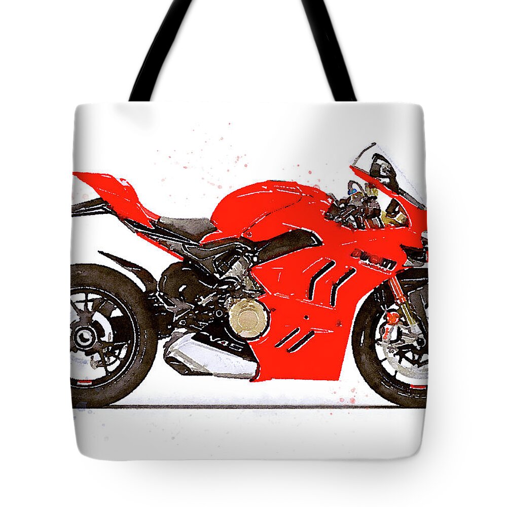 Sport Tote Bag featuring the painting Watercolor Ducati Panigale V4S 2022 motorcycle - oryginal artwork by Vart. by Vart Studio