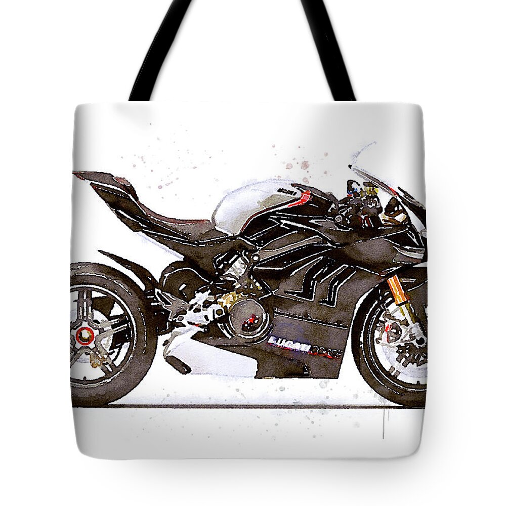 Sport Tote Bag featuring the painting Watercolor Ducati Panigale V4SP 2022 motorcycle, oryginal artwork b by Vart Studio