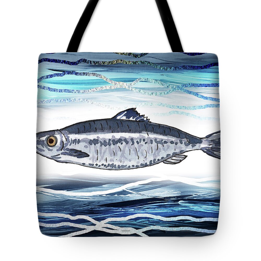 Watercolor Tote Bag featuring the painting Watercolor Herring Fish Teal Blue Waves by Irina Sztukowski