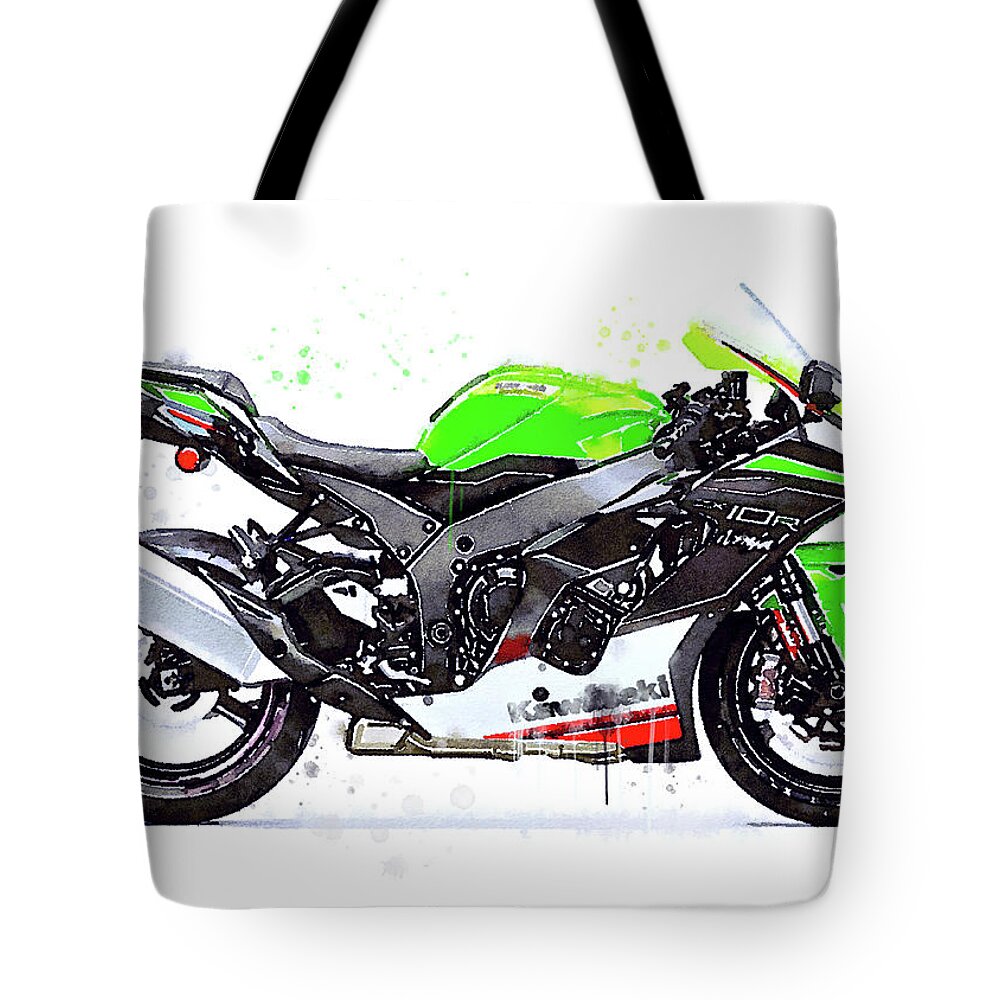 Sport Tote Bag featuring the painting Watercolor Kawasaki Ninja ZX10R motorcycle - oryginal artwork by Vart. by Vart Studio