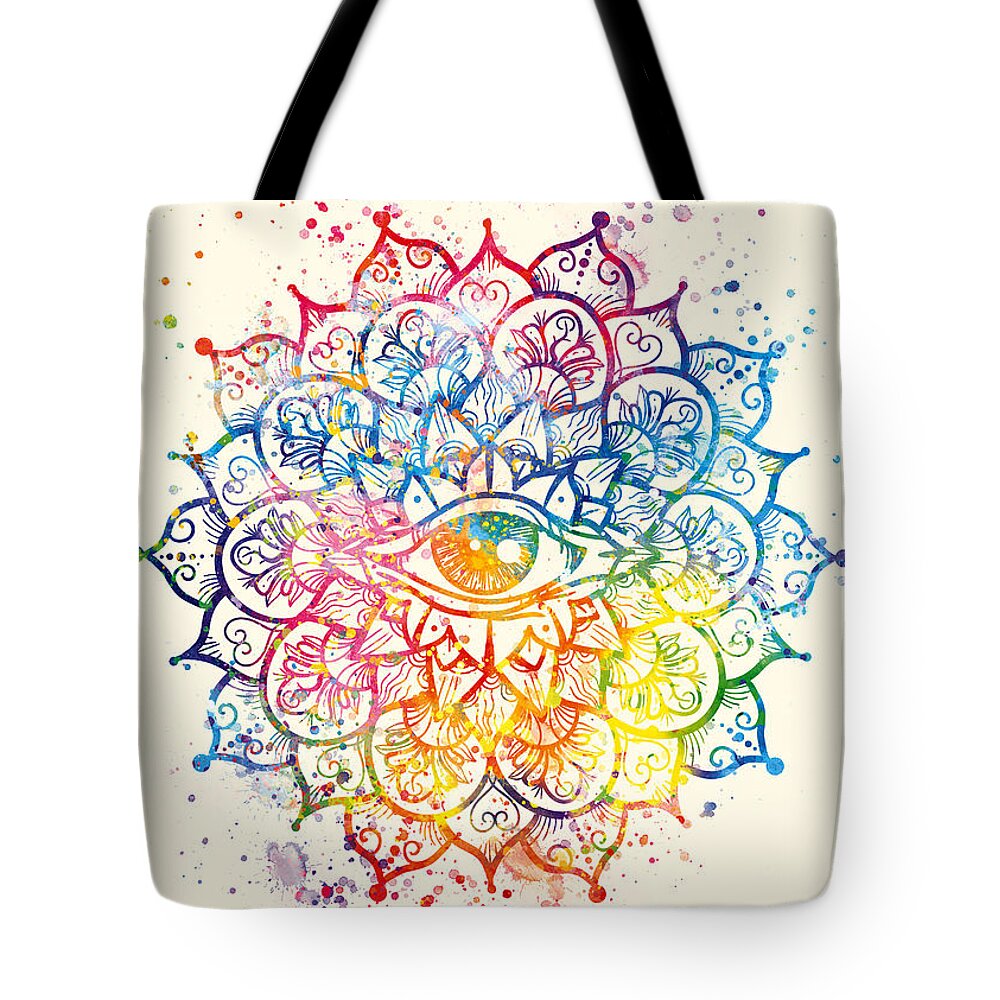 Watercolor Tote Bag featuring the painting Watercolor mandala, EYE of CONSCIOUSNESS by Vart by Vart