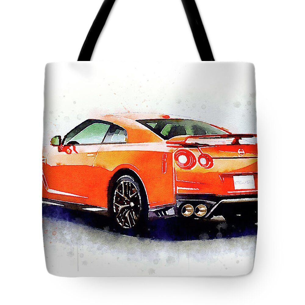 Watercolor Tote Bag featuring the painting Watercolor Nissan GT-R - oryginal artwork by Vart. by Vart