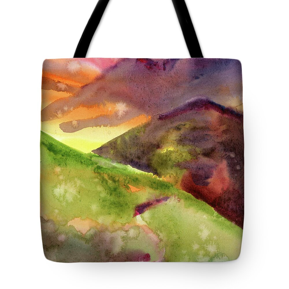 Watercolor Tote Bag featuring the digital art Watercolor Orange Mountain View Painting by Sambel Pedes