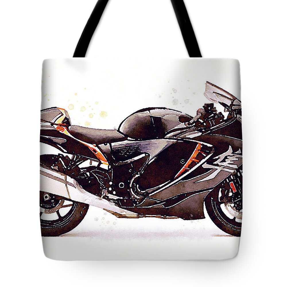 Sport Tote Bag featuring the painting Watercolor Suzuki Hayabusa GSX 1300R motorcycle - oryginal artwork by Vart. by Vart Studio