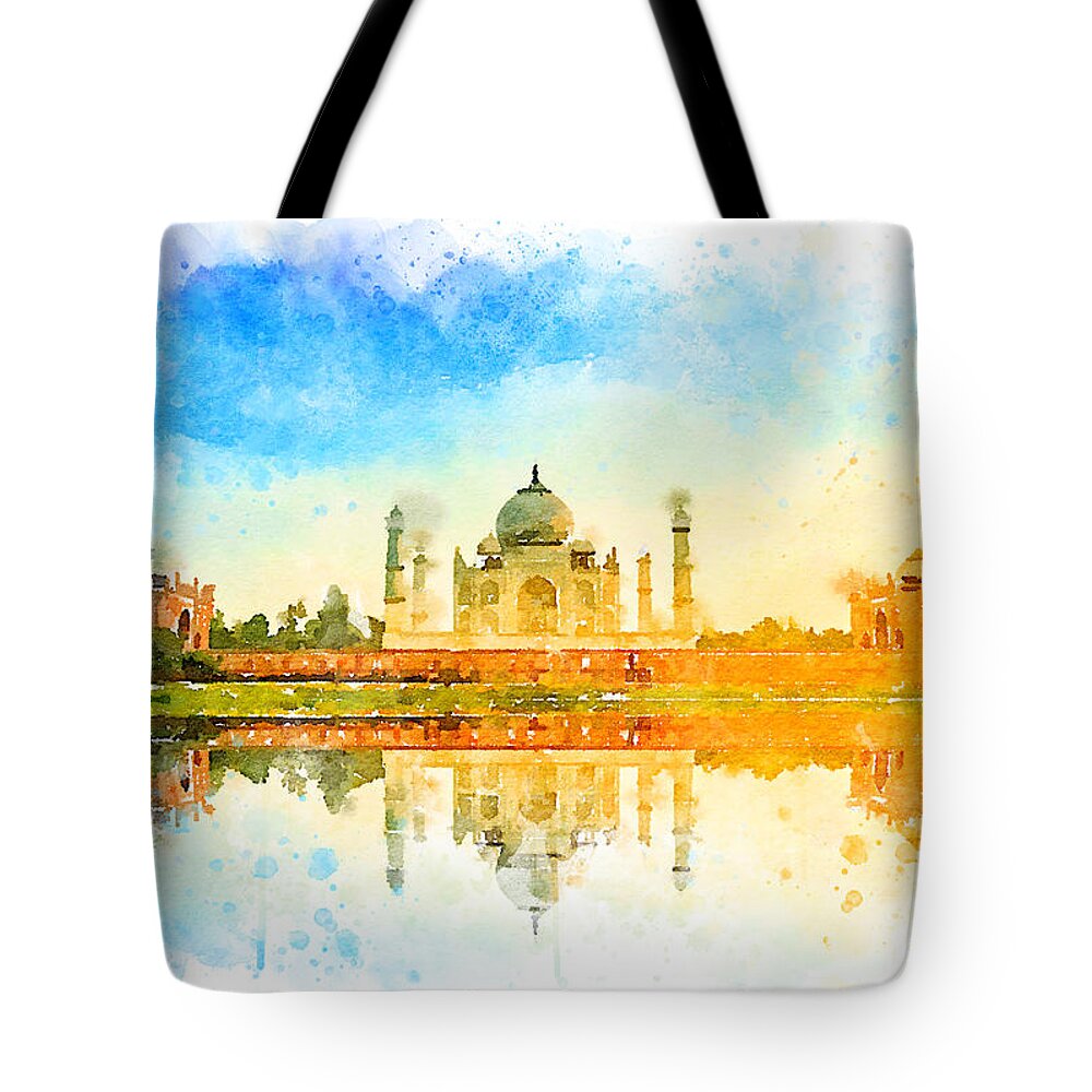 Watercolor Tote Bag featuring the painting Watercolor Tajmahal, India by Vart by Vart Studio