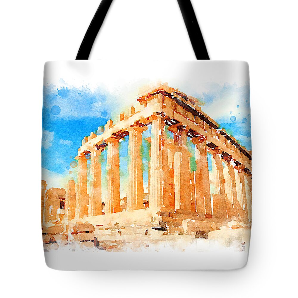 Vart Tote Bag featuring the painting Watercolor. The Parthenon, Greece by Vart by Vart