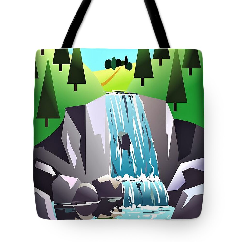 Waterfall Tote Bag featuring the digital art Waterfall by Fatline Graphic Art