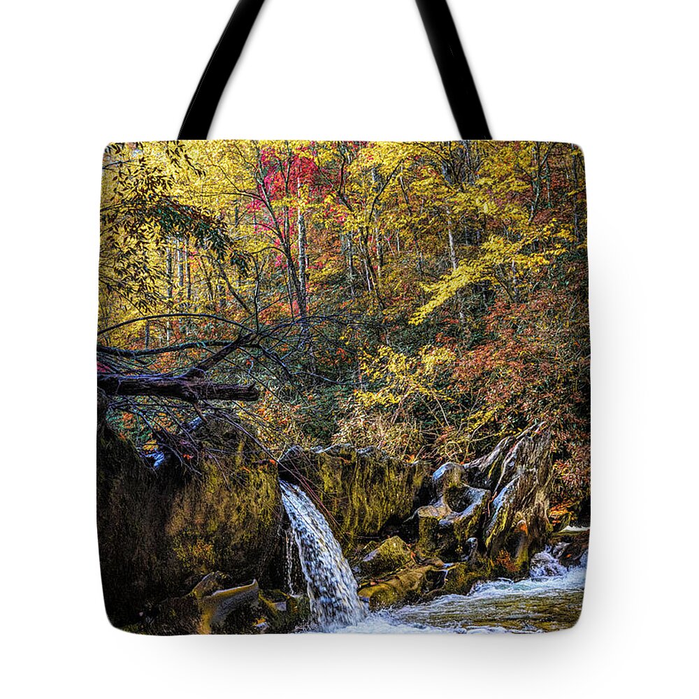 Carolina Tote Bag featuring the photograph Waterfall in the Smoky Mountains Autumn Colors by Debra and Dave Vanderlaan