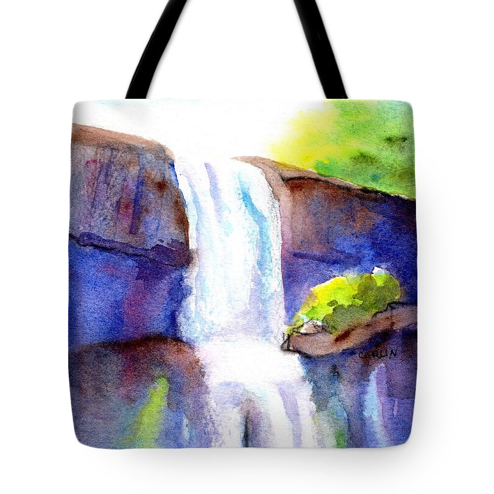 Waterfall Tote Bag featuring the painting Waterfall Sunny Day by Carlin Blahnik CarlinArtWatercolor