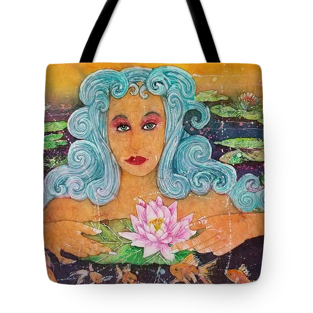 Gold Fish Water Lily Tote Bag featuring the painting Waterlilly Garden Goddess by Carol Losinski Naylor