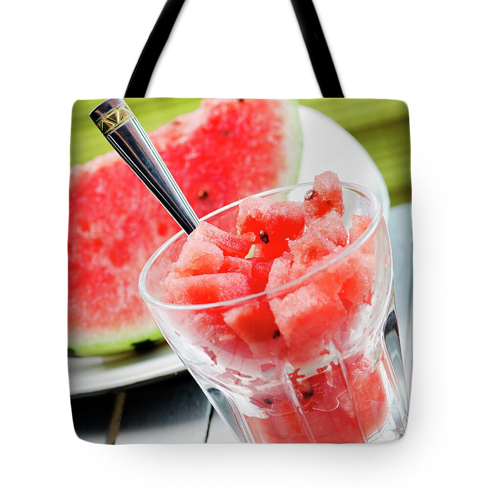Watermelon Tote Bag featuring the photograph Watermelon slice and melon sweet dessert smoothie on white table by Jelena Jovanovic