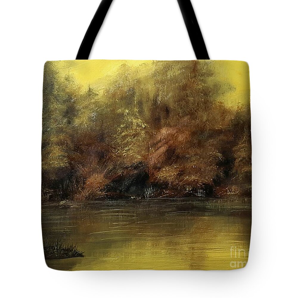 Yellow Brown Pink Black Blue Water Sky Landscape Trees Variety Shadows Reflections Leaves Brush Moody Tote Bag featuring the painting Water's edge by Ida Eriksen