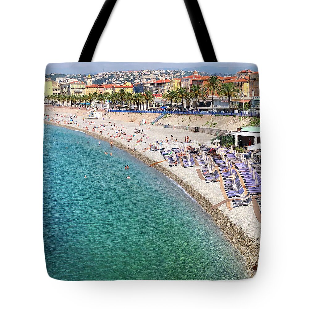 Nice Tote Bag featuring the photograph waterscape of Nice, France by Anastasy Yarmolovich