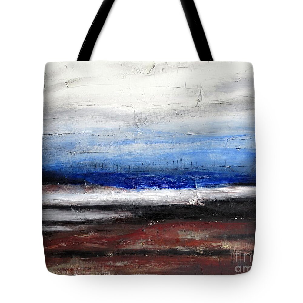 Abstract Art Landscape Sky Cloud Water Sea Shore Land Beach Island Blue White Brown Black Yellow Expression Feeling Texture Tote Bag featuring the painting Waterside by Ida Eriksen