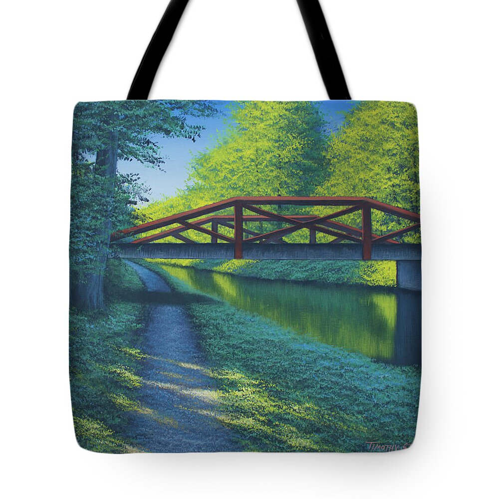 Landscape Tote Bag featuring the painting Waterview Bridge by Timothy Stanford