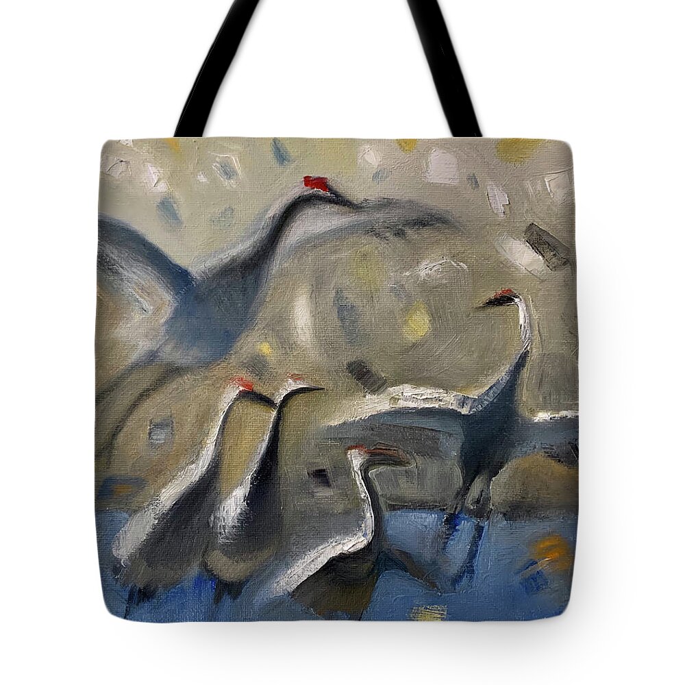 Cranes Tote Bag featuring the painting Watery wings by Suzy Norris