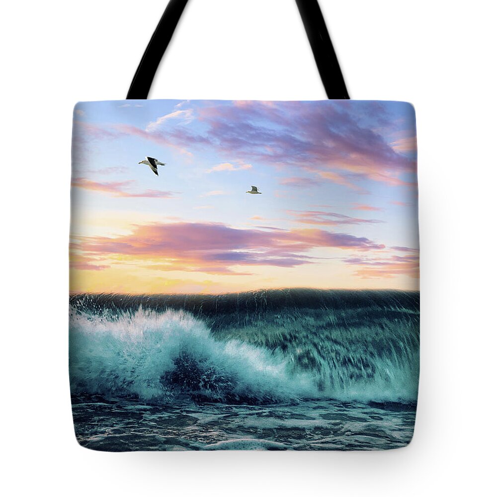 Seagulls Tote Bag featuring the digital art Waves Crashing At Sunset by Phil Perkins