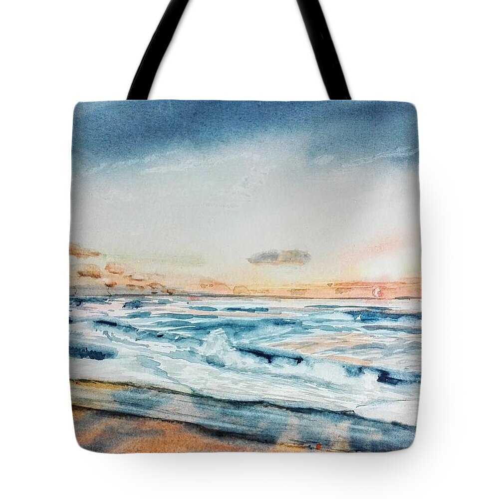 Seascape Tote Bag featuring the painting Waves by Sandie Croft
