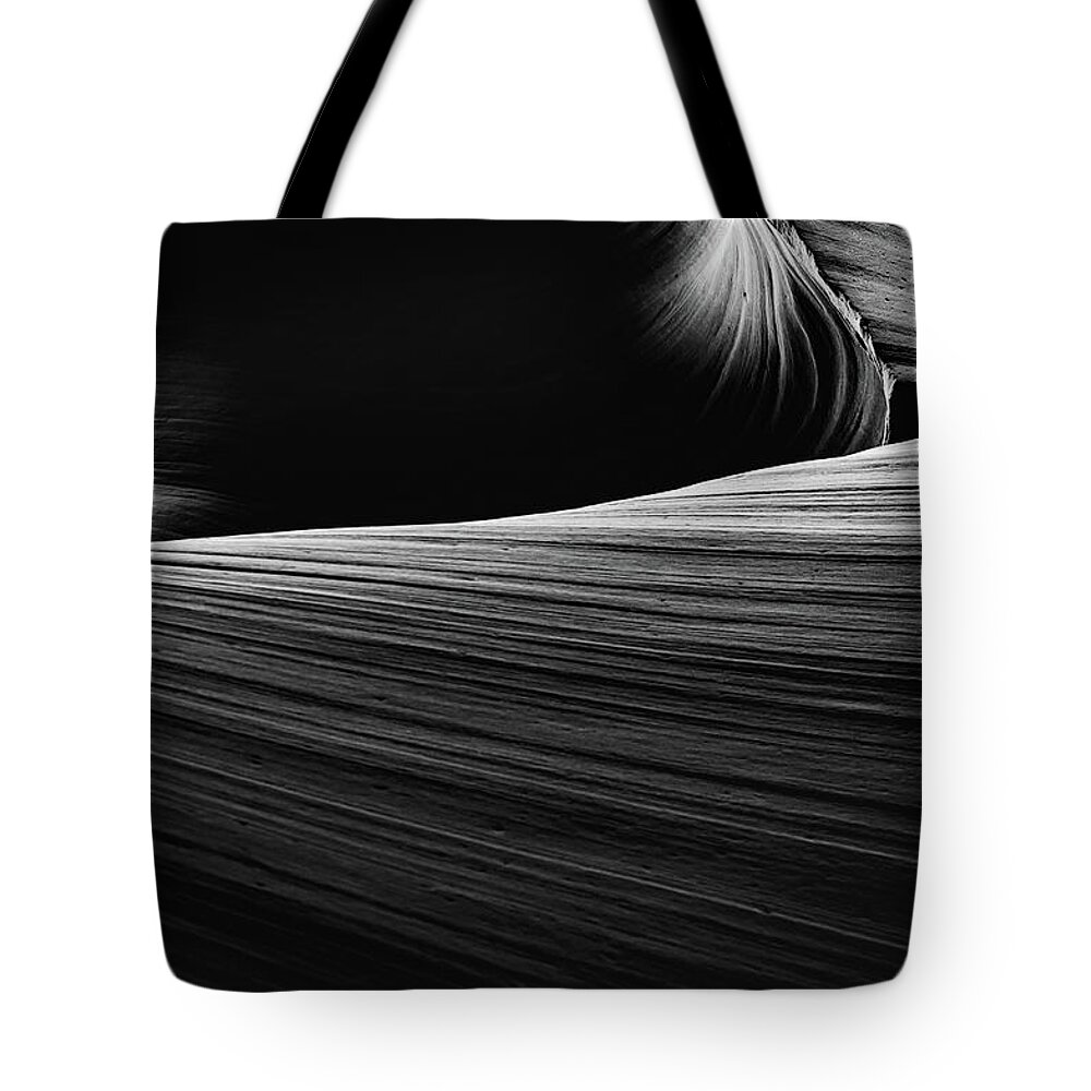 Black And White Tote Bag featuring the photograph Wavy Layers Of Antelope Canyon - Black and White by Gregory Ballos