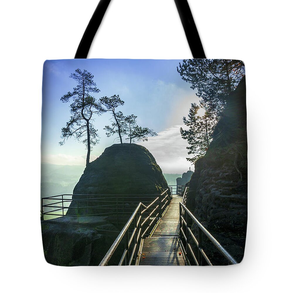 Saxon Switzerland Tote Bag featuring the photograph Way into the light on Neurathen Castle by Sun Travels