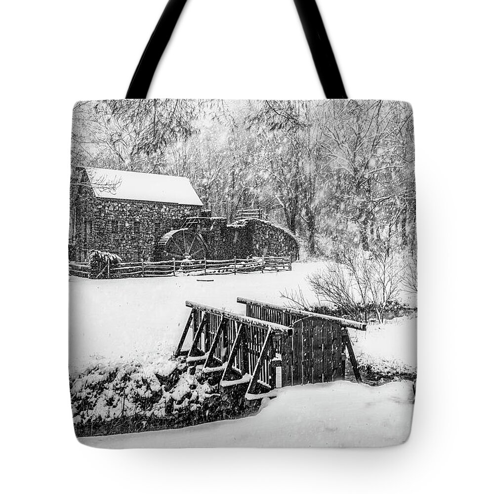 Grist Mill Tote Bag featuring the photograph Wayside Inn Grist Mill BW by Susan Candelario