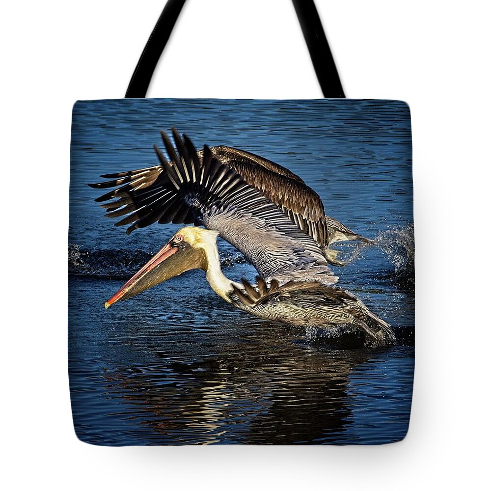Brown Pelican Tote Bag featuring the photograph We Have Liftoff by Ronald Lutz