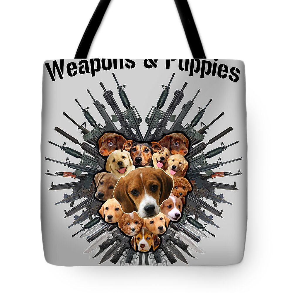 Puppy Tote Bag featuring the painting Weapons and Puppies Black Text by Yom Tov Blumenthal
