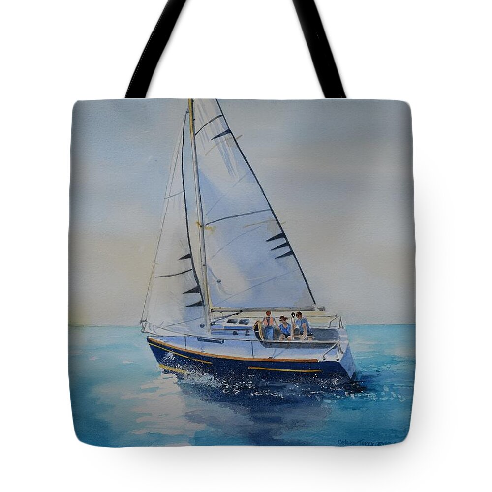 Sailboat Tote Bag featuring the painting Weekend Sail by Celene Terry