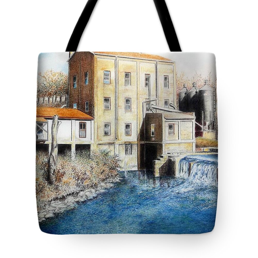 Weisenberger Mill Tote Bag featuring the drawing Wiesenberger Mill by David Neace