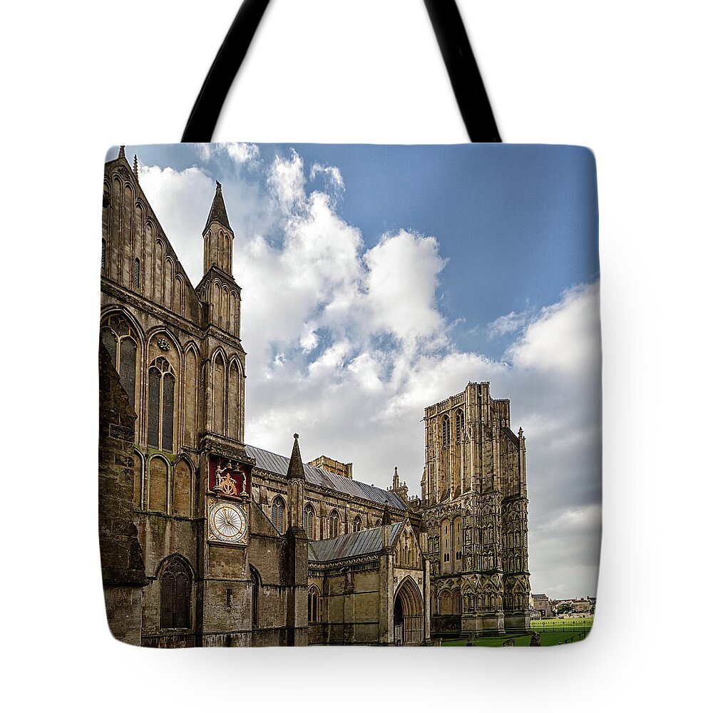 Wells Tote Bag featuring the photograph Wells Cathedral and Clock by Shirley Mitchell