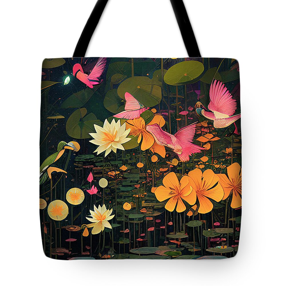 Sunsets Tote Bag featuring the digital art Wetland Magic Fireflies Swamp Abstraction Contemporary Digital Creation by Ginette Callaway
