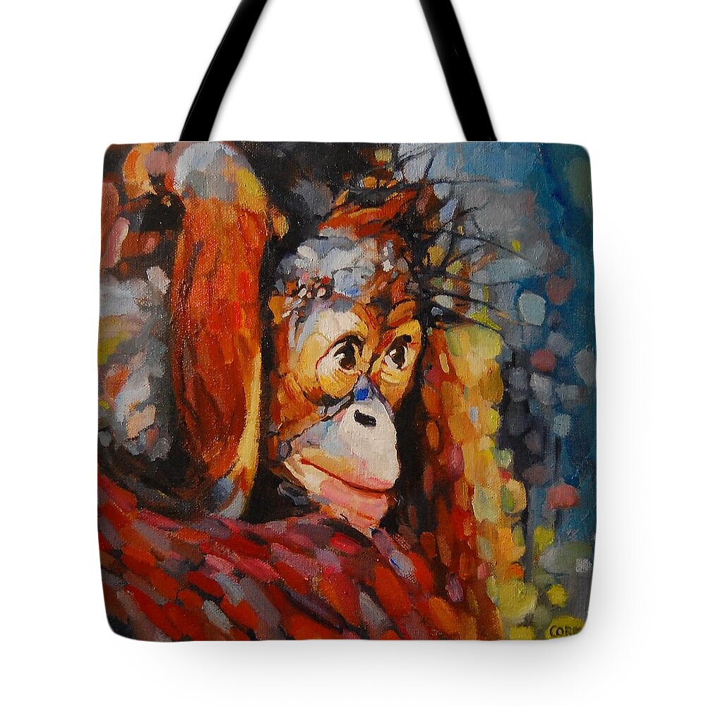 Primate Tote Bag featuring the painting What I Saw At The Zoo by Jean Cormier